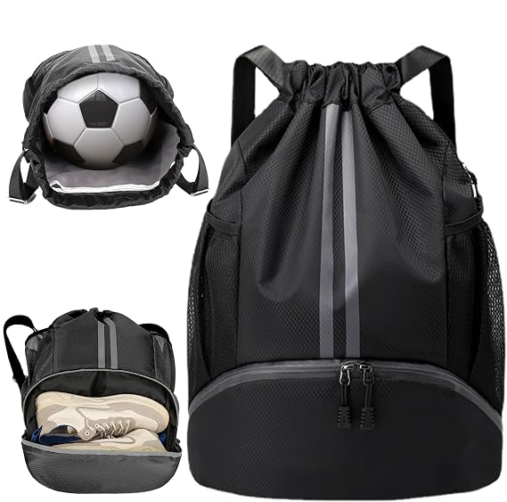 WUBAYI Football Boot Bag, Sports Kit Gym Sack Swimming PE Large Drawstring Bag Unisex With Wet And Dry Separation, Waterproof Gym Bag for Adults Men Women Travel, Sports Beach Holidays(Black)