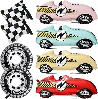 8 Pack Colorful Vintage Racing Car Roadster Wheel Tire Checkered Flag Balloon, Fast Speedy Retro Race Themed Sports Car Balloons For Baby Shower Birthday Christmas Party Decorations Supplies