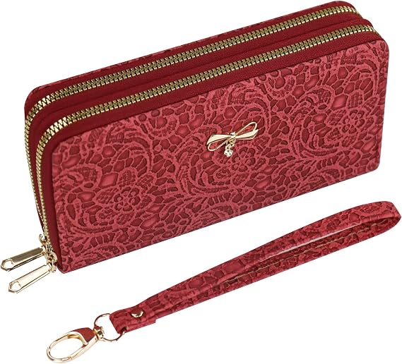 Ladies Purse, Large Capacity Double Zip Long Purses for Women, PU Leather Women Credit Card Holder Wallet with Zip Pocket Multi Card Slots and Wristlet (Red)