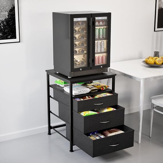 Mini Fridge Stand with Storage, 55 x 55 x 75 cm Mini Fridge Table Heavy Duty with 3 Drawer, Compact Refrigerator Cabinet for Kitchen Bedroom Office Dorm