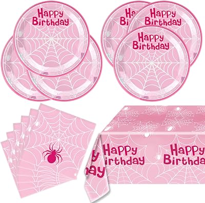 OULUN Pink Spider Party Tableware, Spider Pink Ghost 20 Plates 20 Paper Napkins and 51x86 Tablecloth,Super Girl Hero Birthday Party Supplies