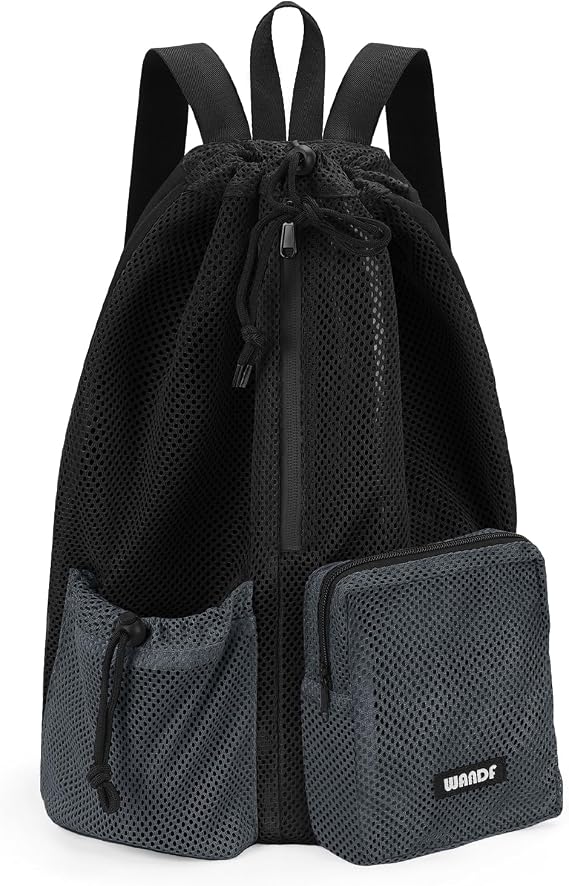 WANDF Swim Bag Mesh Backpack with Wet Dry Compartment, Waterproof Drawstring Sports Bag for Men Women, Large Gym Swim Beach Bag for Workout, Pool, Travel, PE Kit