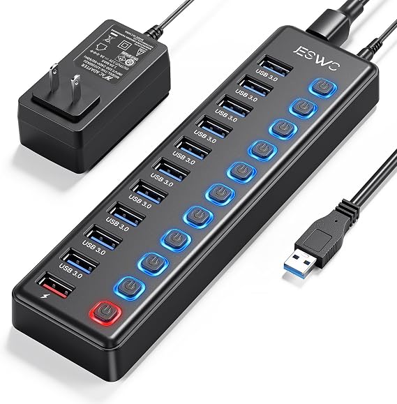 JESWO USB3.0 Hub with Power, 10 Ports Expansion + 1 Charging Port Self-Powered, with Independent Switch, 12V3A AC Adapter | 5Gbps高速データ伝送, 100cm USBケーブル, 過電流保護で安全, 適用 Android/Windows/MacBook/Mac/Surface Pro等システムとノートPC対応