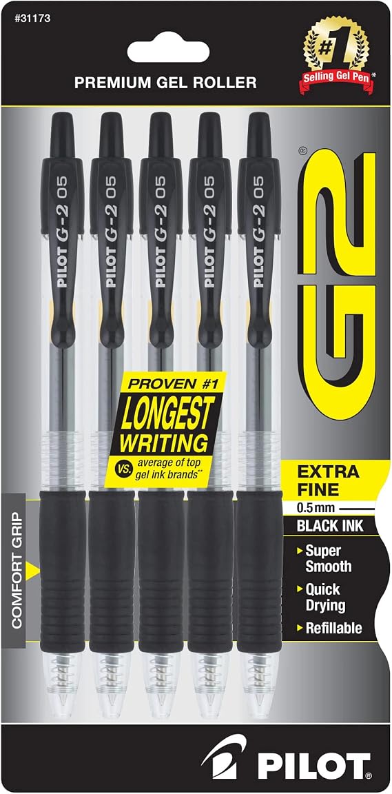 PILOT G2 Premium Gel Roller Pens, Gel Pens Black, Pack of 5