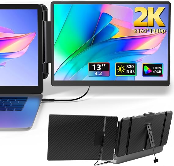 KOJOM 2K Laptop Monitor Extender - 13" IPS 1440P Dual Monitor Attachment Laptop Plug & Play Multiple Screens for 13"-17" Laptop Compatible with Wins Mac Dex Chrome Travel Gaming Work