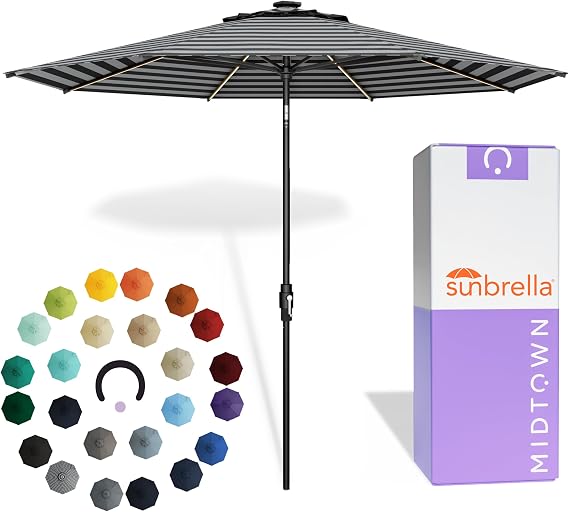 Midtown Umbrellas The LED Swilt 8 Ft Patio Umbrella with Solar LED Ribs, Swivel & Tilt Mechanism and Sunbrella Fabric Outdoor Umbrella for Deck, Pool & Porch Black & White Canopy, Black Pole