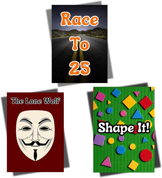 3-in-1 Family Games V2: 1. Reunite Families While avoiding The Lone Wolf! 2. Race to 25 Miles to Win, but Avoid Fines for violations! 3. Collect Cards to Complete Shapes and Trade Pieces!