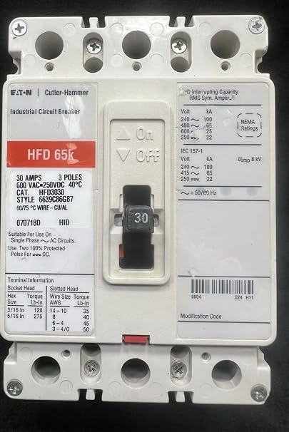 New Cutler-Hammer Eaton HFD3030 Circuit Breaker 3 Pole HFD 30A 600V 65kA