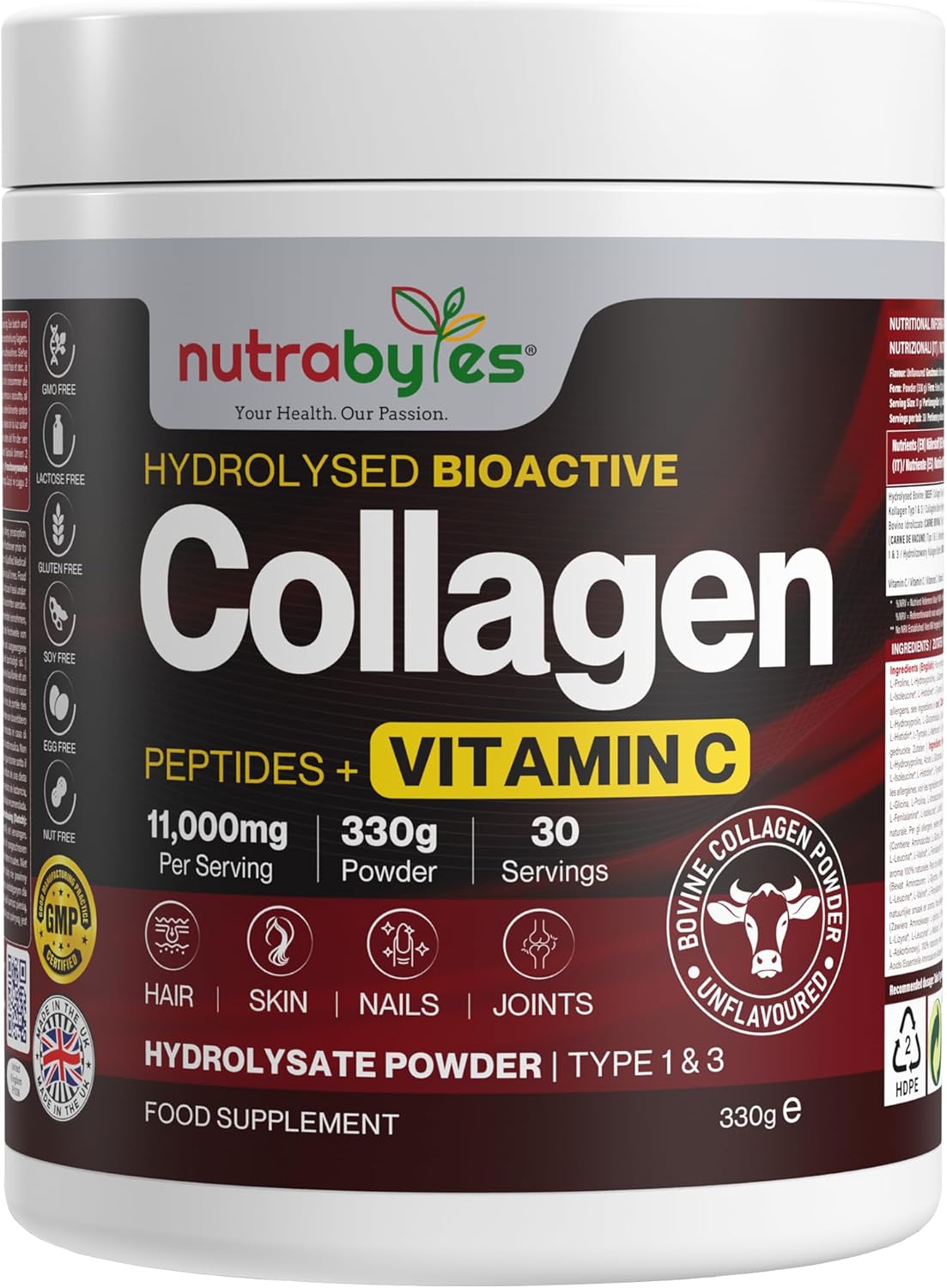 Collagen Powder with Vitamin C | Superior Absorption | Hydrolysed Peptides | 11,000 mg Per Serving | Collagen Supplements for Women and Men | Unflavoured | 330g | Nutrabytes