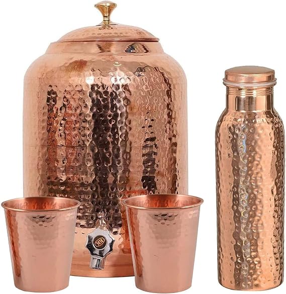 Pure Copper Hammered Ayurvedic Water Dispenser with 2 Matching Jars and 1 Copper Bottle (8 Litre)