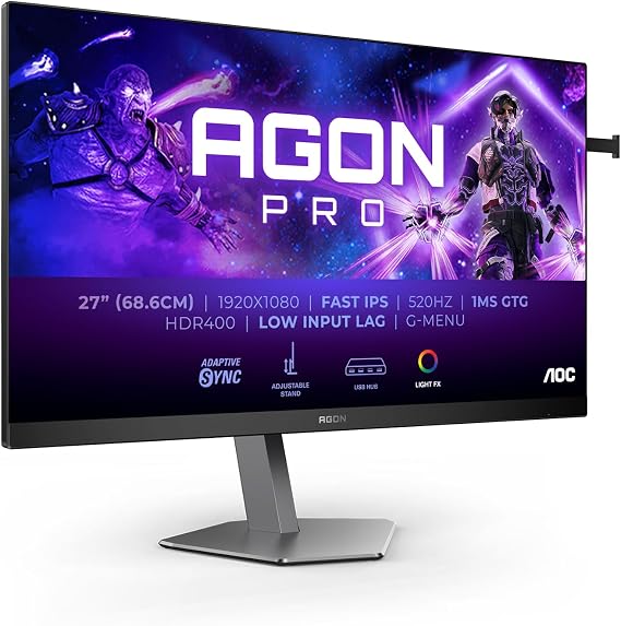 AOC AG276FK 27 inch FHD Gaming Monitor 520Hz, Fast IPS Panel, 0.5ms GtG, HDR400, G-Sync Compatible, Height Adjustment, (1920x1080 HDMI 2x 2.0 DP 1x 1.4 USB Hub) Black