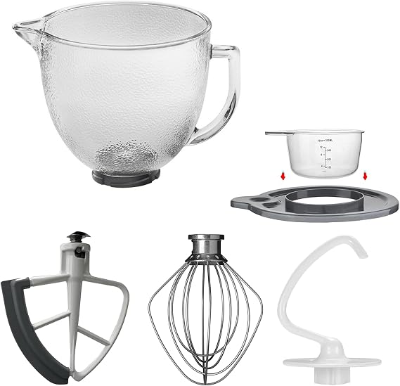 Replacement Glass Mixer Bowl with Lid and Attachments Set, 4.5-5 Qt,Compatible with Kitchenaid Tilt-Head Stand Mixers, Includes Beaters, Dough Hook, Wire Whip (Frosted color)