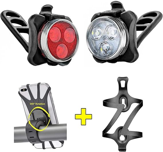 Bike Lights Front and Back, USB Rechargeable Waterproof Bicycle Light Set with 1 Pack 360 Degree Rotation Bike Phone Mount and 1 Pack Aluminum Alloy Bike Water Bottle Holder (4 Packs)