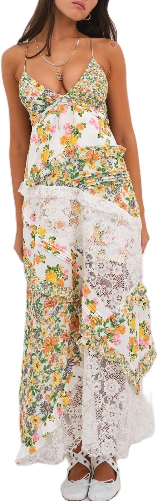 Women Floral Flowy Maxi Dress Lace Patchwork Boho Y2K Long Dress Cute Spaghetti Strap V Neck Low Cut Beach Sundress