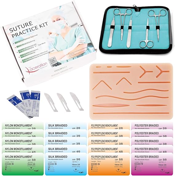 Complete Suture Practice Kit(30 Pieces) Include Suture Pad with Pre-Cut Wounds, Tool Kit and Sutures (Demonstration and Educational Use Only)