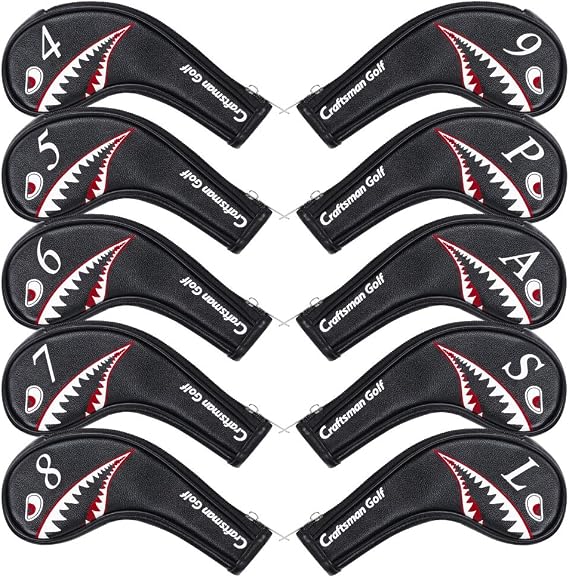 10pcs/Set Shark Golf Club Iron Head Covers Headcover with No. on Both Sides Suitable for Right and Left Handed Golfer Zipper Closure