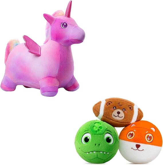 VangeBow Unicorn & Ball Magic Bundle: Soft Sports Balls + Plush Unicorn Bouncy Horse