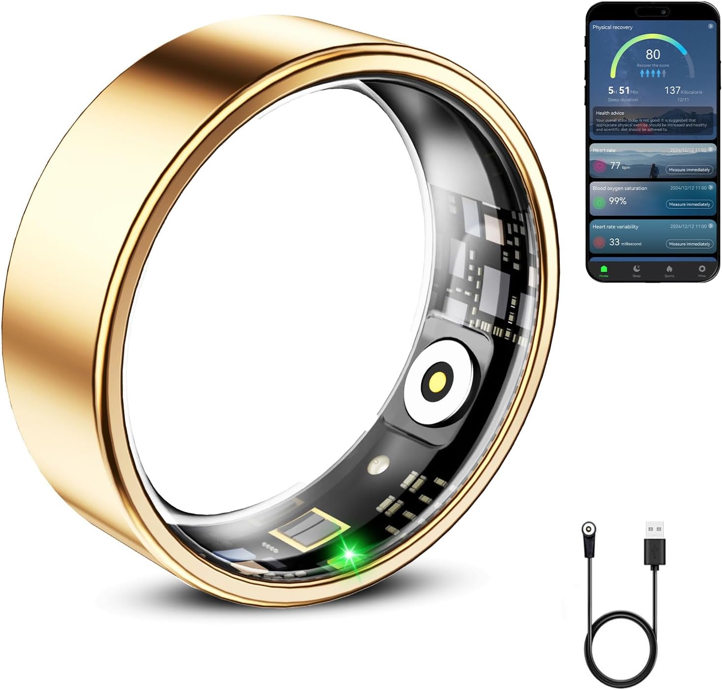 Smart Ring for Women & Men, Smart Ring Health Tracker, Blood Oxygen & Heart Rate Monitor Sleep Ring, Waterproof Fitness Ring, Long Lasting Battery Smart Rings Gold, #13