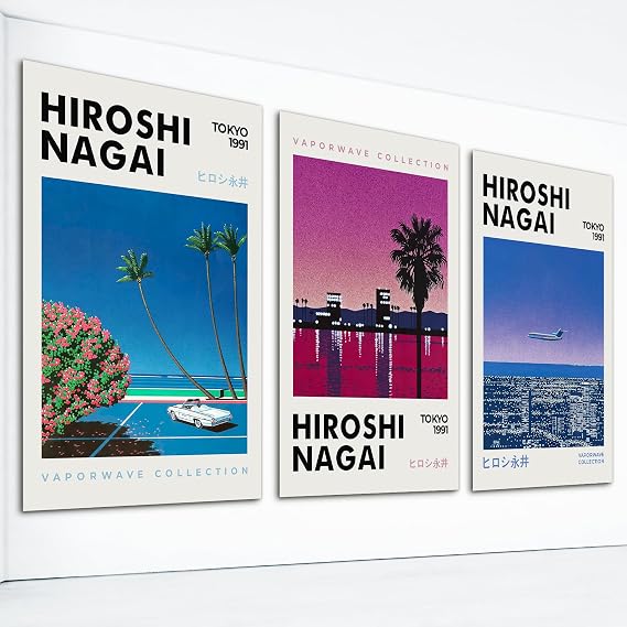 foefvpeft 3 Piece Vintage Canvas Wall Art, Hiroshi Nagai Vaporwave Poster for Room Aesthetic, Retro 90s Japanese Manga Colorful Art Print, Modern Japanese Landscape Art 16x24in Unframed