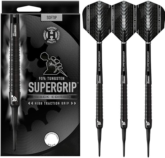 Harrows SUPERGRIP Black Edition 90% Wolfram-Dart-Set mit weicher Spitze. Erhältlich in 16 g 18 g 20 g – inklusive Supergrip-Schäften und Supergrip-Flights