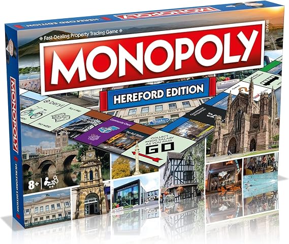 Winning Moves Hereford Monopoly Board Game, Advance to the Bull Statue, the Black and White House Museum and the Old Wye Bridge, 2–6 players makes a great gift for ages 8 plus