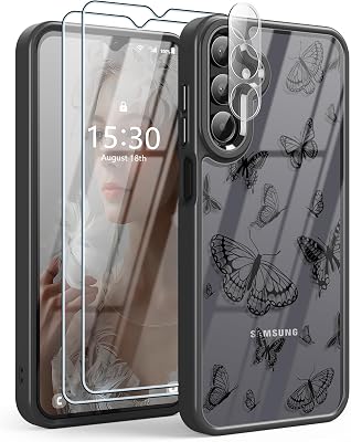 for Samsung Galaxy A15 5G Case with 2X Screen Protector and A Camera Lens Protector, Butterfly Pattern Shockproof Soft TPU & Hard PC Women Girls Cases for Samsung A15 - Black