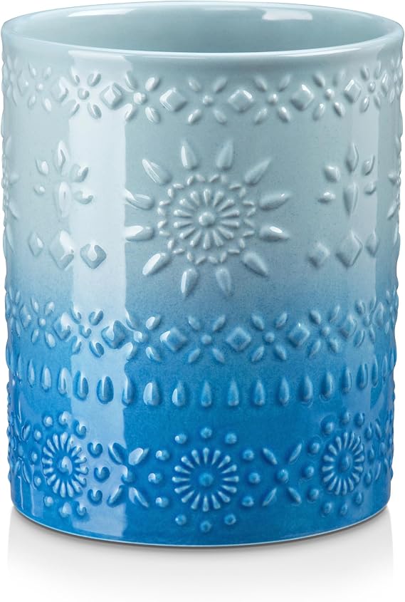 LOVECASA 7.2" Extra Large Ceramic Utensil Holder, Farmhouse Crock, Blue