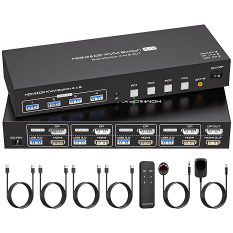 HDMI Displayport KVM Switch 4 Computers 2 Monitors 4K 60Hz 2K 120Hz 4 Port Dual Monitor KVM Switches for 4PC Share Four USB Device Support Copy and Extend Mode Includes Some Accessories