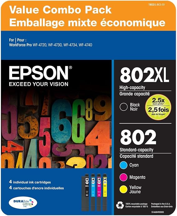 Epson 802 XLBlack 802 Standard Color Ink 4 Piece Value Pack DURABrite Ultra