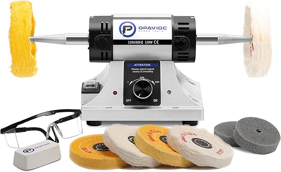 Jewelry Polisher - Adjustable Variable Speed Bench Grinder Polishing & Buffing Machine, Dental Buffer & Lathe - Includes 6 Cloth Wheels, 2 Abrasive Fiber Wheels, Safety Glass, Polish Compound