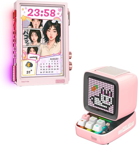 Divoom Times Frame-10.1" Digital Picture Frame and Divoom Ditoo Retro Pixel Art Game Bluetooth Speaker (Pink)