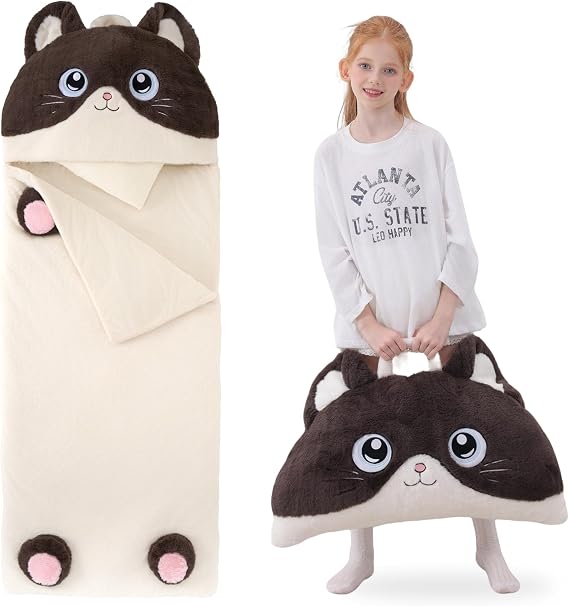 GILFWM 70" 4.2lbs Kids Sleeping Bag with Pillow Brown Cat Toddler Nap Mat