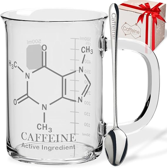 Caffeine Beaker Mug 17 oz (500ml) with Metal Spoon - Chemistry Mug - Borosilicate Glass Coffee Mugs with Handle and Measuring for Coffee/Latte/Tea - Caffeine Molecule Cup - Science Coffee Mug
