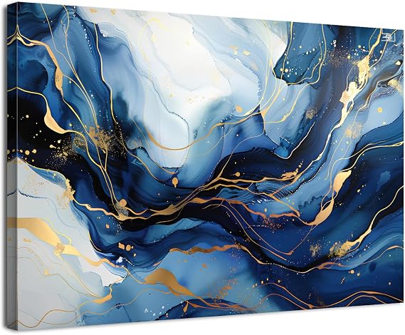 Abstract Navy Blue Wall Art for Living Room Blue and Gold Wall Art Prints Marble Wall Decor Modern Abstract White Fluid Canvas Pictures Neutral Artwork for Bedroom Office Home Home Decoration 30x40cm