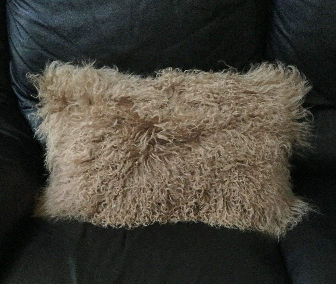 Seek4comfortable Tibetan Mongolian Pillowcase，Lamb Sheepskin Wool Fur Leather Cushion Cover Khaki, 12 x 20 in