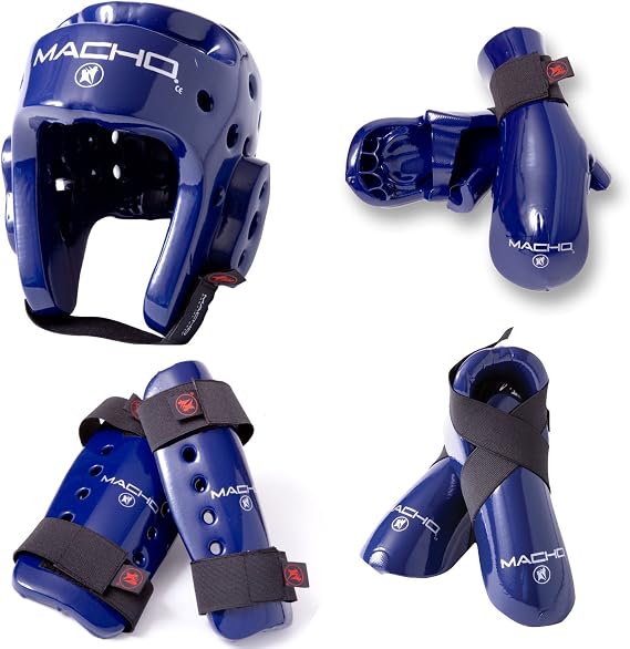 Macho Dyna 7 Piece Sparring Gear Set with shin Guards Blue Adult Large
