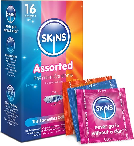 Skins Assorted Condoms Multipack, Ultra-Thin, Natural & Dots & Ribs. No Latex Smell and Extra Lubrication for Maxinum Pleasure. Natural Look That Feels Like Real Skin - Pack of 16