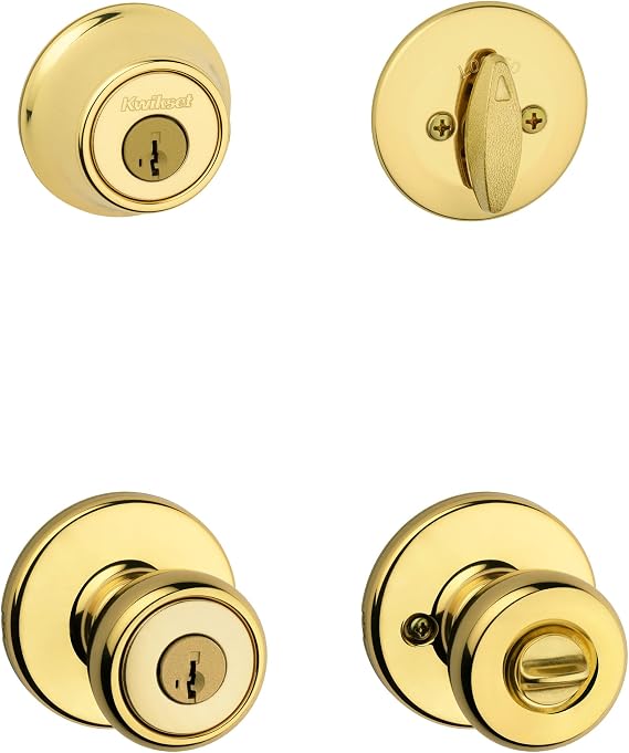 Kwikset 690 Tylo Entry Knob and Single Cylinder Deadbolt Combo Pack featuring SmartKey in Polished Brass, Key Lock