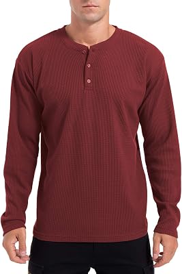QUALFORT Mens Waffle Henley Shirt Lightweight Long Sleeve Classic Stitch Pullover Sweater