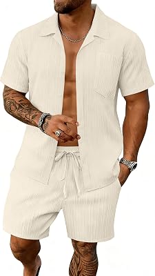Bealin Mens Short Sets 2 Piece Summer Beach Outfits Button Down Texture Pocket Shirts and Shorts Set