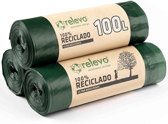 Relevo 100L Bin Bags – Made from 100% Recycled Material & can be used as Recycling Bags. Dimensions: 85 cm x 105 cm. Includes 30 Bin Liners 100L