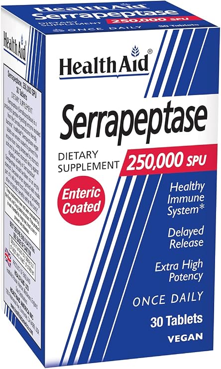 HealthAid Serrapeptase 250,000 SPU High Potency Proteolytic Enzyme Enteric-Coated, Delayed Release Supports Systemic Enzyme Activity & Protein Breakdown Once Daily, Vegan 30 Tablets*