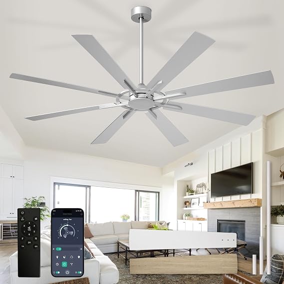 Depuley Large Ceiling Fan No Light: Modern 72 Inch 8 Blade Outdoor Ceiling Fans with Remote APP Control - Brushed Nickel Big Fan Without Light Indoor Reversible 6 Speed Quiet DC Motor