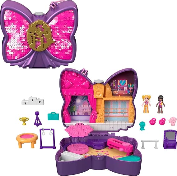Polly Pocket Compact Playset, Sparkle Stage Bow with 2 Micro Dolls & Accessories, Travel Toys with Surprise Reveals