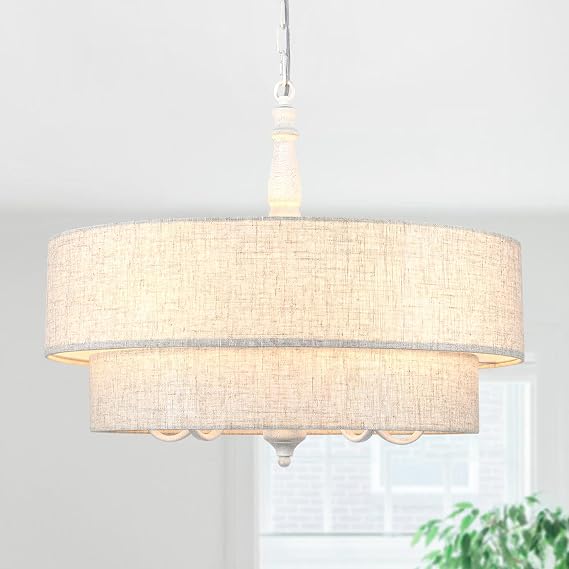 21.25" French Country Drum Chandelier, 5-Light Distressed White Pendant Light Fixture, Modern Farmhouse Hanging Lighting with Double Tiered Linen Shade for Dining Room, Kitchen Island & Foyer