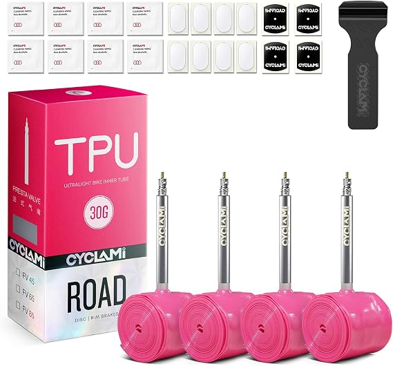 4-Pack CYCLAMI TPU Inner Tube 700C, Ultralight 30g Road Bike Tube Compatible with 700x18/23/25/28/30/32C Metal Presta Valve 45mm -TPU Road Bicycle Tire 28'' (with a Multi-Functional Tire Pry Bar)