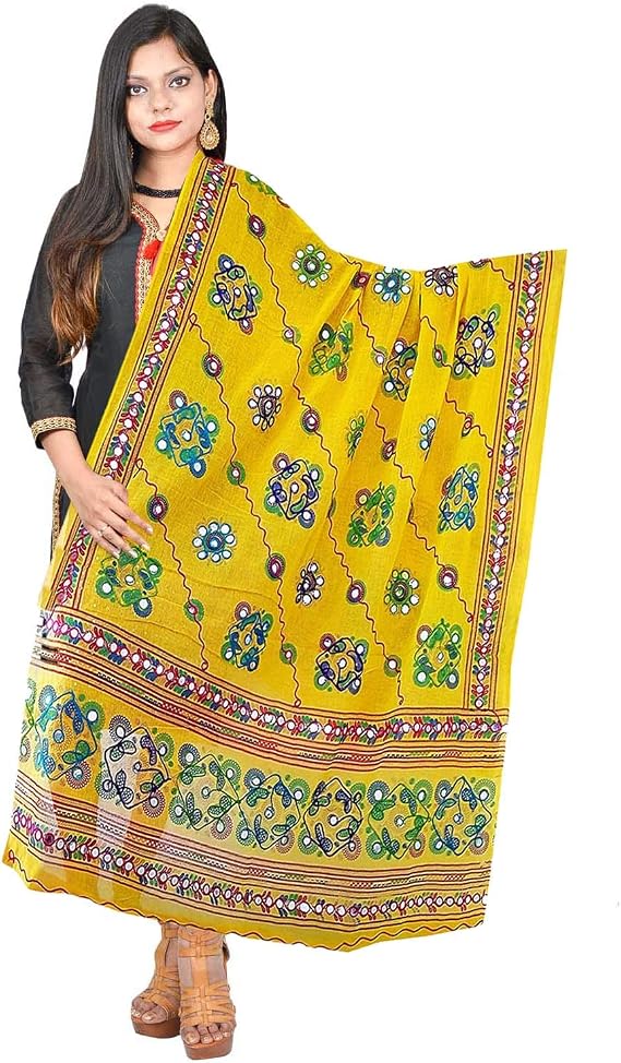 Kutch Print Scarf Stole Cotton Dupatta Aari Embroidery & Mirror Stickers Wrap For Women