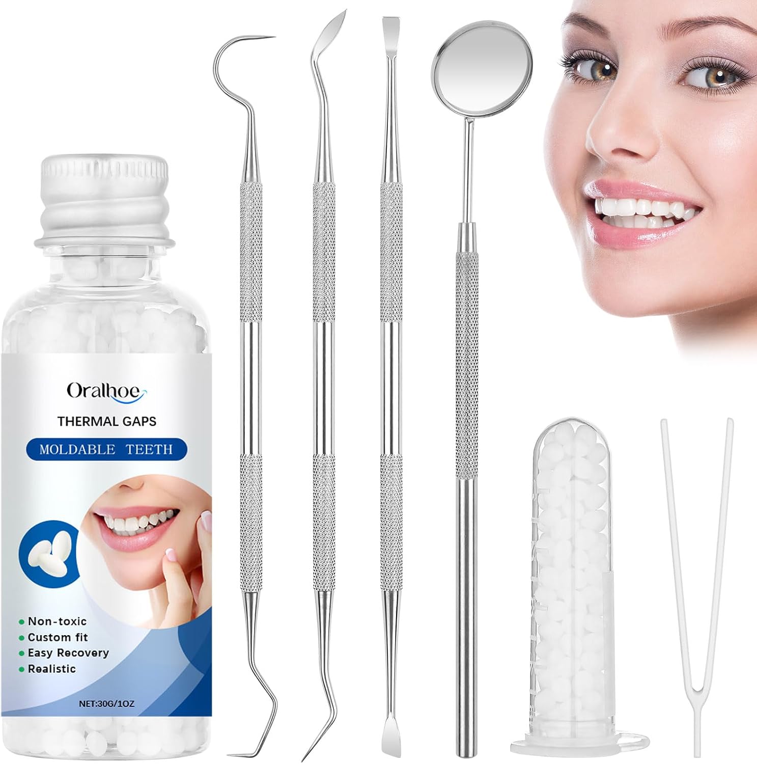 OFFCUP Temporary Tooth Filling, Tooth Filling Repair Kit with 4 Dental Tools and 1 Tweezers, Denture Repair Beads Travel Size for Temporary Fixing Missing Broken Teeth Moldable Fake Teeth