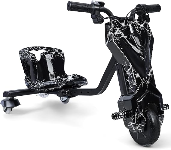 Ride-On Kids Tricycle, 12V Electric Drift Trike for Kids Adjustable Seat Big Wheel Drifting Tricycle 3-Wheel Scooter Drift Cart with 360 Swivel and Slide Features, 9 MPH Speed Black White