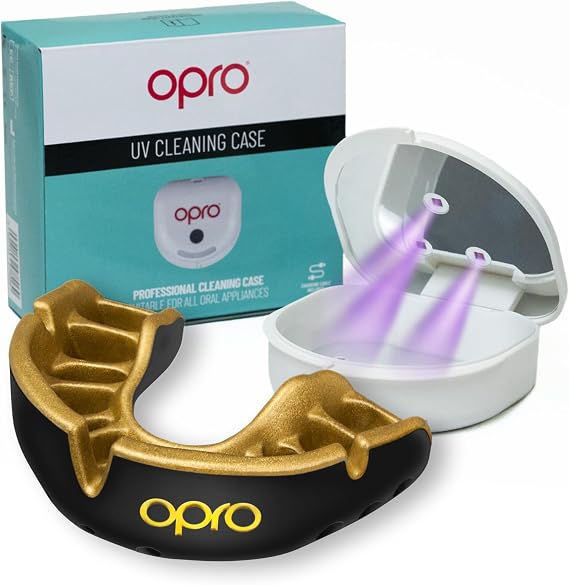 OPRO Gold Level Mouth Guard (Adult, Black/Gold) & UV Cleaning Case (White) Dentist-Level Comfort, Protection, Disinfection for Sports Includes Case, Rechargeable, Compact & Lightweight